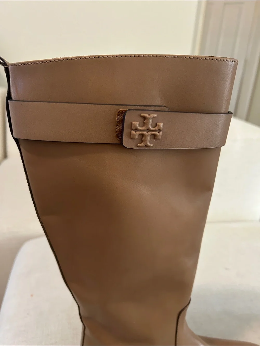 Tory Burch Double T Utility Knee High Leather Tall Boots, Almond, Size 10, NWOT